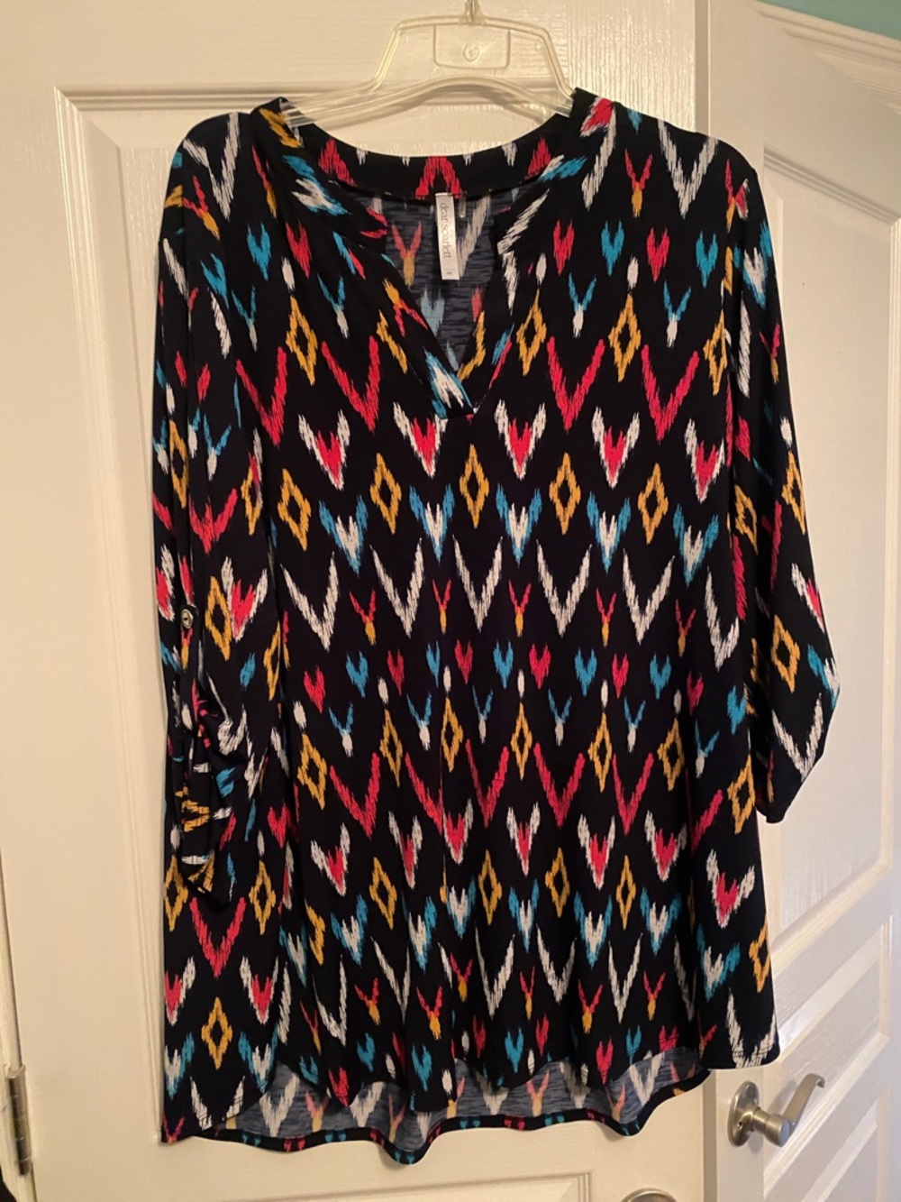 Womens Black Ikat Print V-Neck Blouse